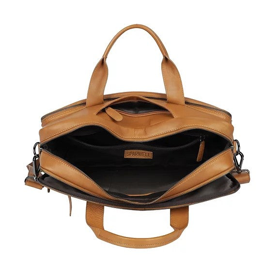 Businesstasche aus Leder in Cognac mit Reißverschluss und Vortasche