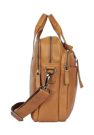 Businesstasche aus Leder in Cognac mit Reißverschluss und Vortasche