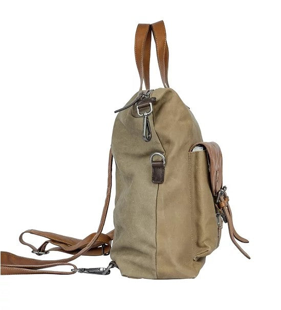 Shopper|Rucksack aus Leder|Canvas in Beige|Braun mit Kurzgriff