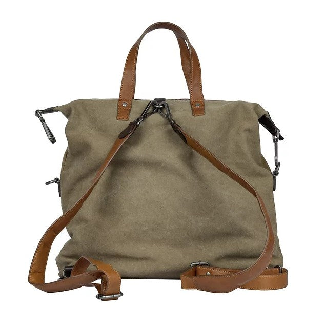 Shopper|Rucksack aus Leder|Canvas in Beige|Braun mit Kurzgriff