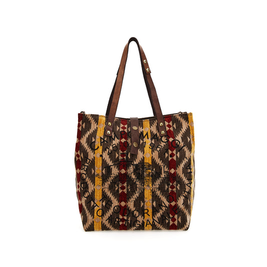 Shopper Anemone aus Kilim-Stoff und Leder in Braun mit Print