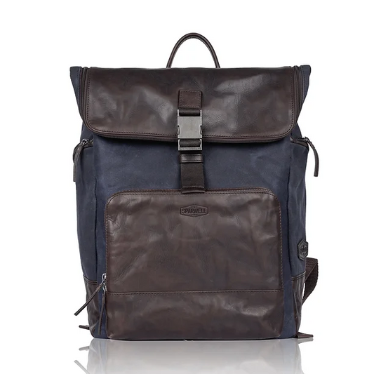 Rucksack mit Überschlag in Blau|Braun aus Canvas und Leder - leder-accessoires.com
