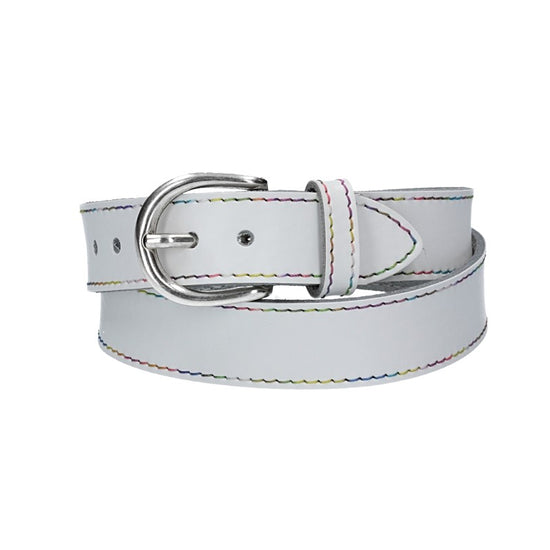 Ledergürtel Kids 25mm in Weiss mit Multicolornaht und Dornschließe in Silber - leder-accessoires.com