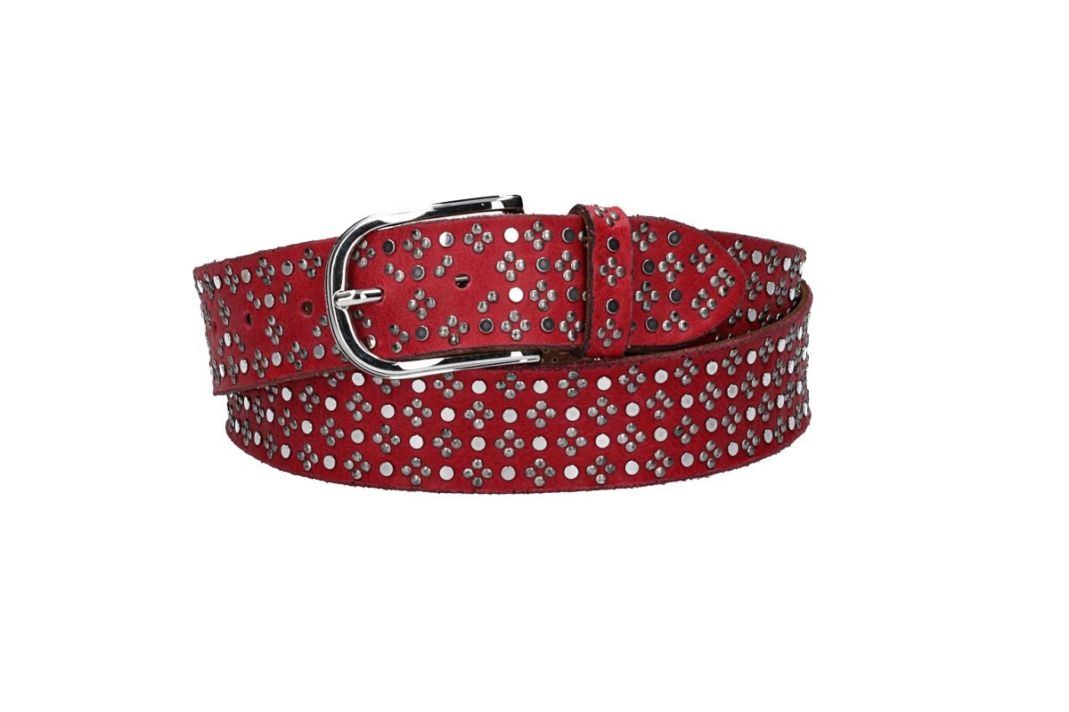 Nietengürtel 35mm in Rot und glänzende Dornschließe Silber - leder-accessoires.com