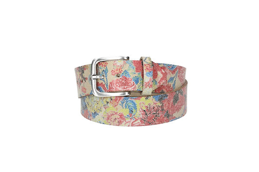 Ledergürtel Kids 30mm in Beige mit floralem Muster und Schließe Silber - leder-accessoires.com