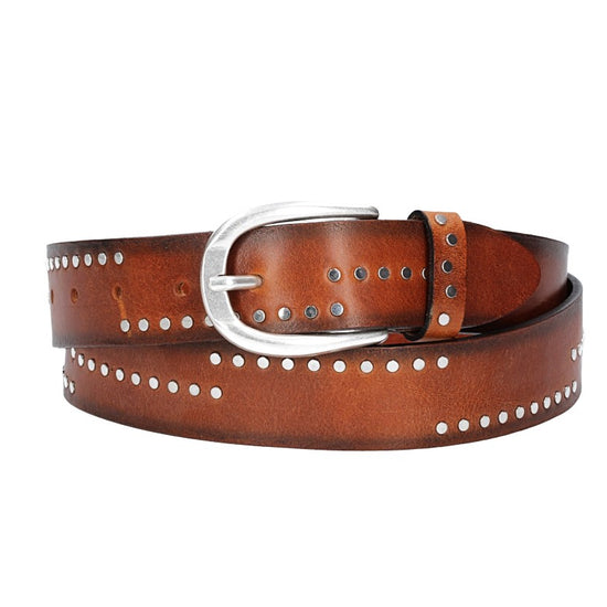 Nietengürtel 35mm in Cognac mit Airbrushkante und Dornschließe Silber - leder-accessoires.com