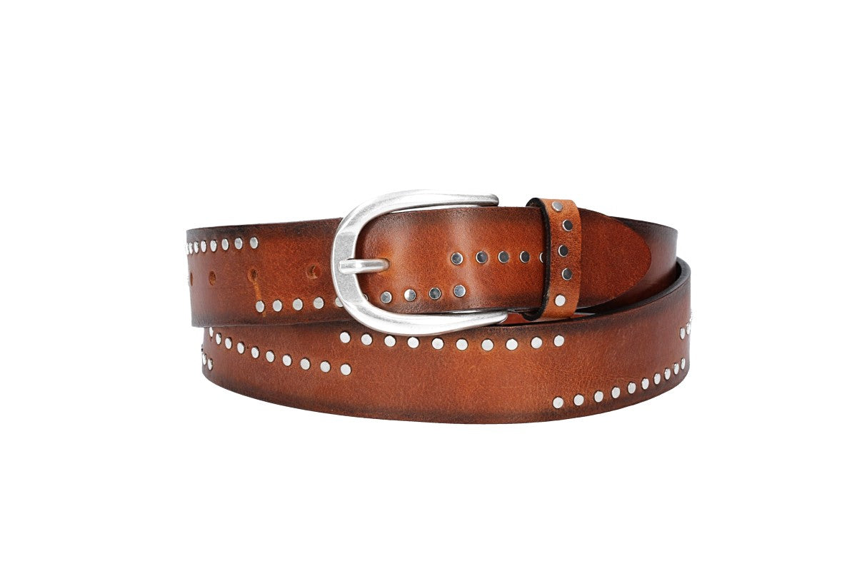Nietengürtel 35mm in Cognac mit Airbrushkante und Dornschließe Silber - leder-accessoires.com