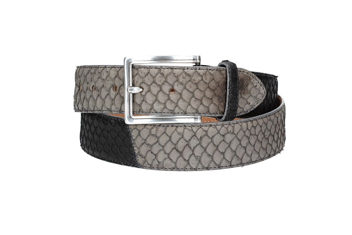 Schlangenledergürtel 40mm Grau|Schwarz mit Schließe in Silber - leder-accessoires.com