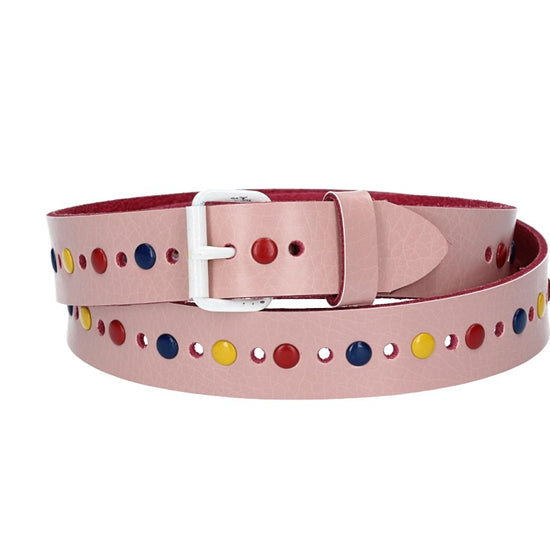 Ledergürtel Kids 25mm in Hellrosé mit durchgehender Lochung, bunten Nieten und weißer Rollschließe - leder-accessoires.com