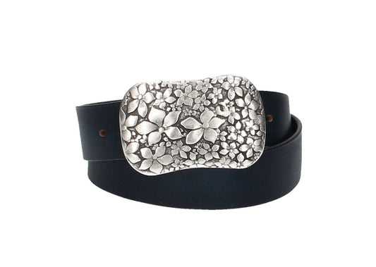 Ledergürtel Blau 40mm mit Blumenschließe|Koppelschließe - leder-accessoires.com