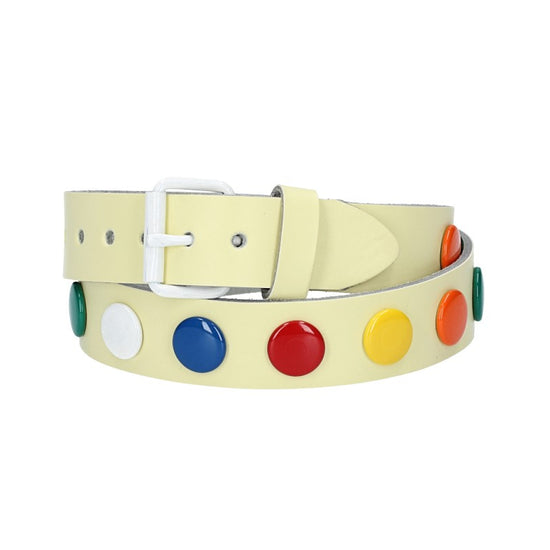 Ledergürtel Kids 25mm in Hellgelb mit bunten Nieten und Rollschließe Weiß - leder-accessoires.com