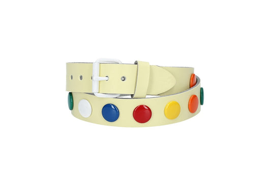 Ledergürtel Kids 25mm in Hellgelb mit bunten Nieten und Rollschließe Weiß - leder-accessoires.com