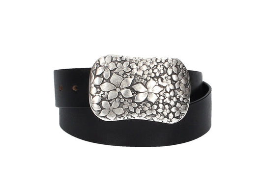 Ledergürtel Schwarz 40mm mit Blumenschließe|Koppelschließe - leder-accessoires.com