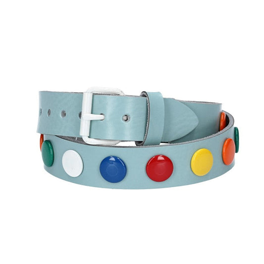 Ledergürtel Kids 25mm in Hellblau mit bunten Nieten und Rollschließe Weiß - leder-accessoires.com