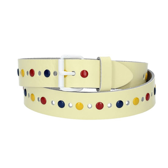 Ledergürtel Kids 25mm in Hellgelb mit durchgehender Lochung, bunten Nieten und weißer Rollschließe - leder-accessoires.com