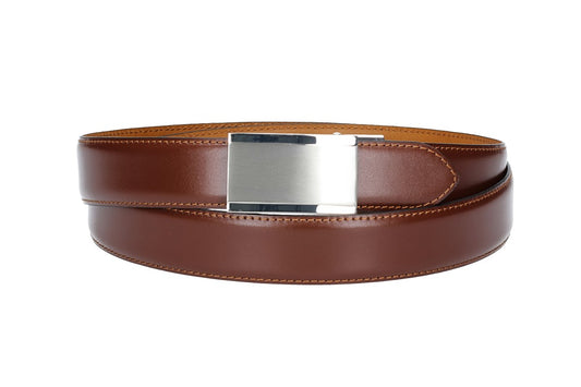 Anzugs| Automatikgürtel 35mm bombiert und abgenäht in Cognac mit Koppelschließe - leder-accessoires.com