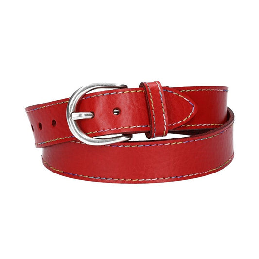 Ledergürtel Kids 25mm in Rot mit Multicolornaht und Dornschließe in Silber - leder-accessoires.com