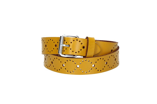 Ledergürtel Kids 25mm in Gelb mit Lochmuster und Rollschließe in Silber - leder-accessoires.com