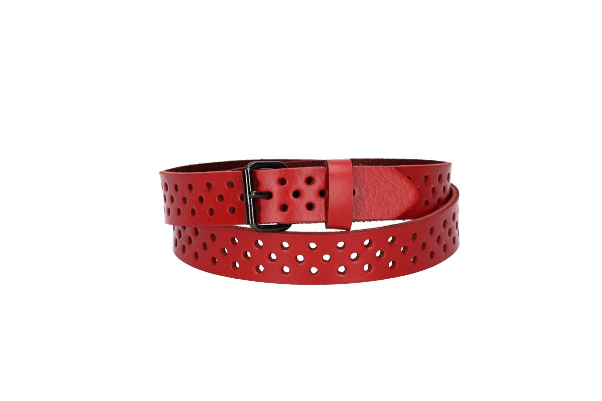 Ledergürtel Mini 20mm in Rot mit durchgehender Lochung und dunkler Rollschließe - leder-accessoires.com