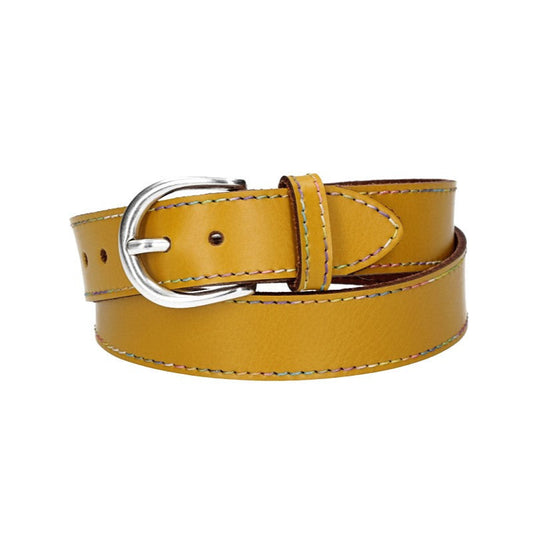 Ledergürtel Kids 25mm in Gelb mit Multicolornaht und Dornschließe in Silber - leder-accessoires.com