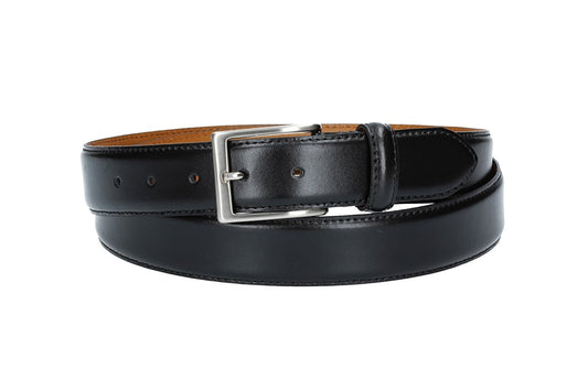 Herren-|Anzugsgürtel 35mm bombiert und abgenäht in Schwarz mit Dornschließe - leder-accessoires.com