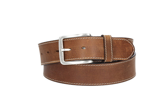 Ledergürtel Cognac 40mm abgenäht mit Dornschließe in Silber - leder-accessoires.com