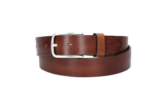 Ledergürtel Cognac 35mm mit Dornschließe in Silber - leder-accessoires.com