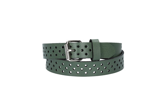 Ledergürtel Mini 20mm in Grün mit durchgehender Lochung und dunkler Rollschließe - leder-accessoires.com