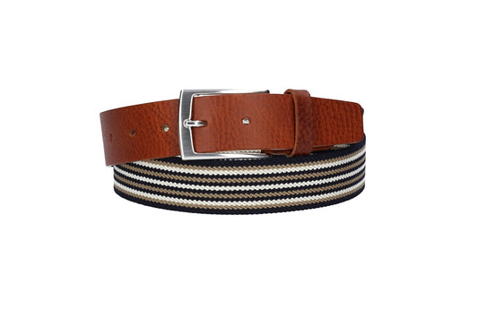 Stretchgürtel|Bandgürtel 35mm in Cognac gestreift mit Dornschließe - leder-accessoires.com