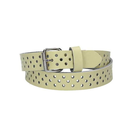 Ledergürtel Mini 20mm in Hellgelb mit durchgehender Lochung und dunkler Rollschließe - leder-accessoires.com