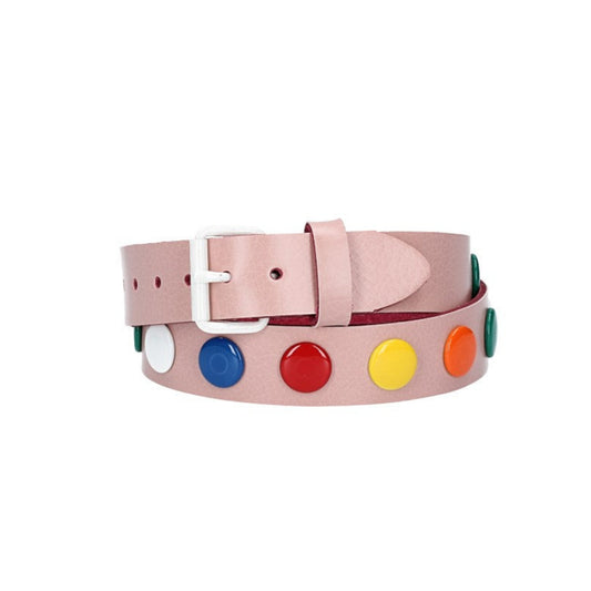 Ledergürtel Kids 25mm in Hellrosa mit bunten Nieten und Rollschließe Weiß - leder-accessoires.com
