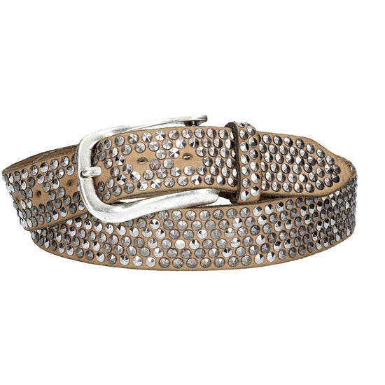Nietengürtel 35mm in Taupe mit Pyramidennieten und Dornschließe Silber - leder-accessoires.com