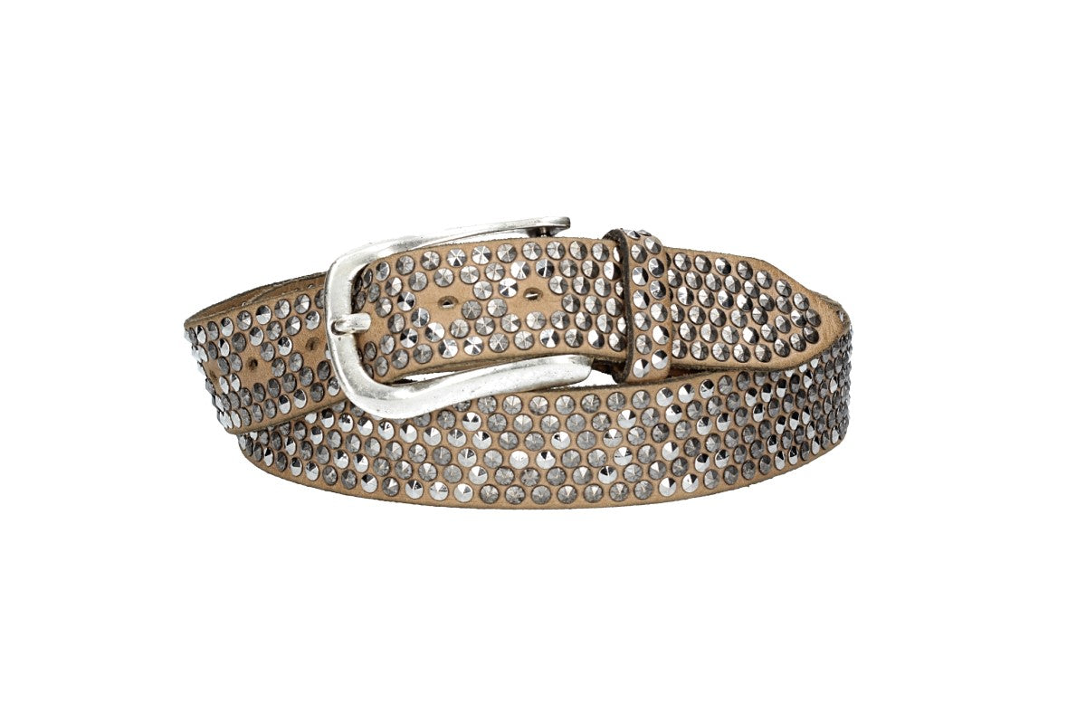 Nietengürtel 35mm in Taupe mit Pyramidennieten und Dornschließe Silber - leder-accessoires.com