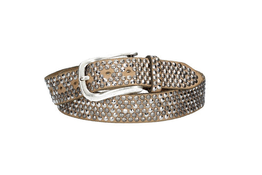 Nietengürtel 35mm in Taupe mit Pyramidennieten und Dornschließe Silber - leder-accessoires.com
