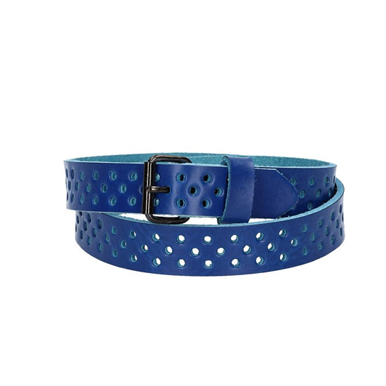 Ledergürtel Mini 20mm in Kobaltblau mit durchgehender Lochung und dunkler Rollschließe - leder-accessoires.com