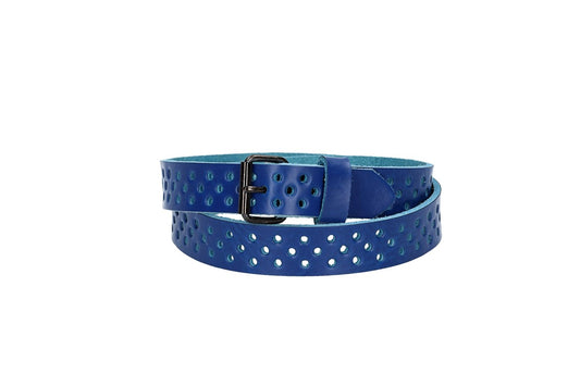 Ledergürtel Mini 20mm in Kobaltblau mit durchgehender Lochung und dunkler Rollschließe - leder-accessoires.com