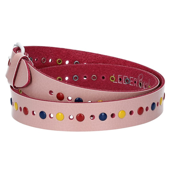 Ledergürtel Kids 25mm in Hellrosé mit durchgehender Lochung, bunten Nieten und weißer Rollschließe - leder-accessoires.com