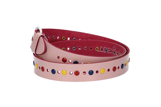 Ledergürtel Kids 25mm in Hellrosé mit durchgehender Lochung, bunten Nieten und weißer Rollschließe - leder-accessoires.com