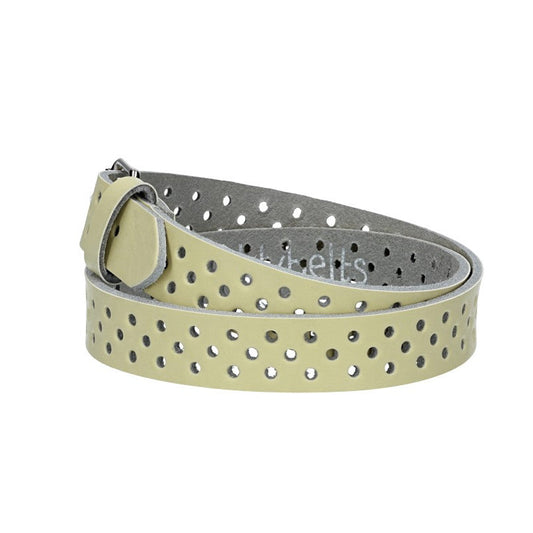 Ledergürtel Mini 20mm in Hellgelb mit durchgehender Lochung und dunkler Rollschließe - leder-accessoires.com