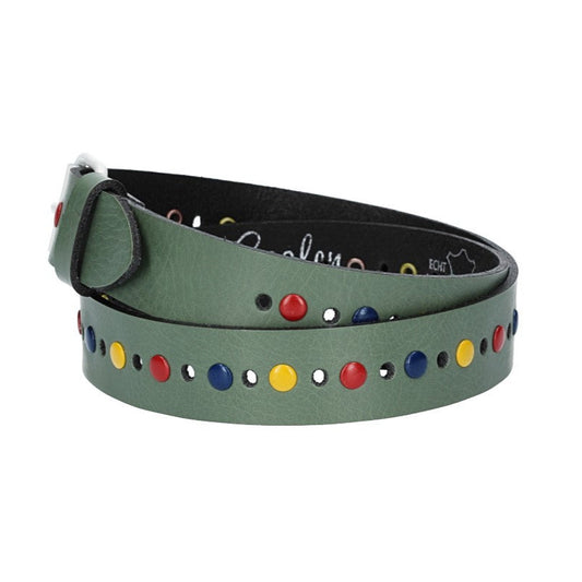 Ledergürtel Kids 25mm in Grün mit durchgehender Lochung, bunten Nieten und weißer Rollschließe - leder-accessoires.com