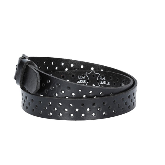 Ledergürtel Mini 20mm in Schwarz mit durchgehender Lochung und dunkler Rollschließe - leder-accessoires.com