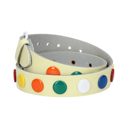 Ledergürtel Kids 25mm in Hellgelb mit bunten Nieten und Rollschließe Weiß - leder-accessoires.com