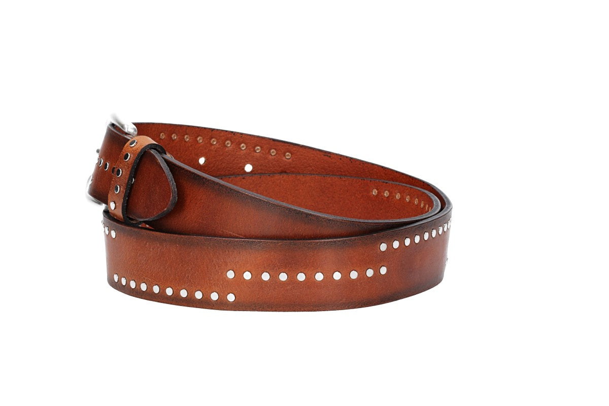 Nietengürtel 35mm in Cognac mit Airbrushkante und Dornschließe Silber - leder-accessoires.com