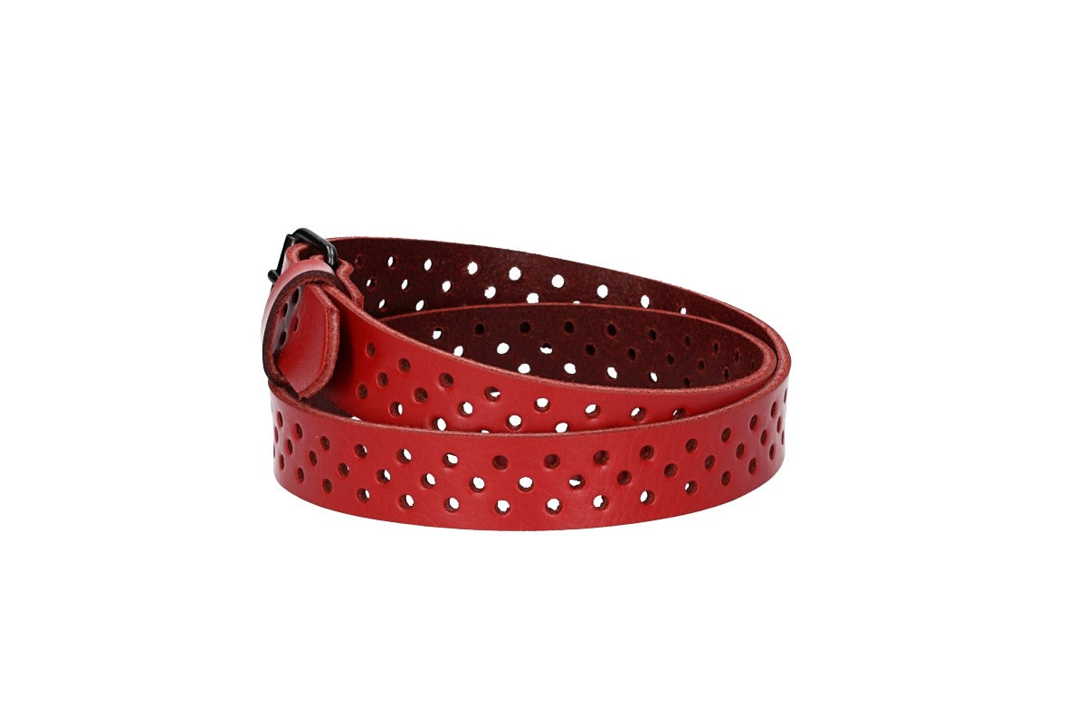 Ledergürtel Mini 20mm in Rot mit durchgehender Lochung und dunkler Rollschließe - leder-accessoires.com