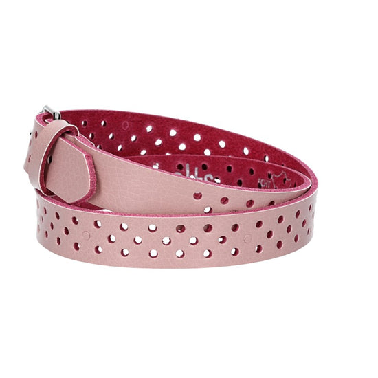 Ledergürtel Mini 20mm in Rosa mit durchgehender Lochung und dunkler Rollschließe - leder-accessoires.com