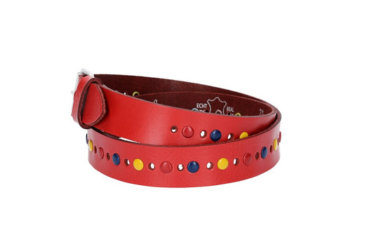 Ledergürtel Kids 25mm in Rot mit durchgehender Lochung, bunten Nieten und weißer Rollschließe - leder-accessoires.com