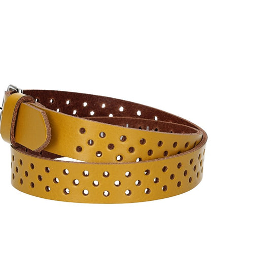 Ledergürtel Mini 20mm in Gelb mit durchgehender Lochung und dunkler Rollschließe - leder-accessoires.com