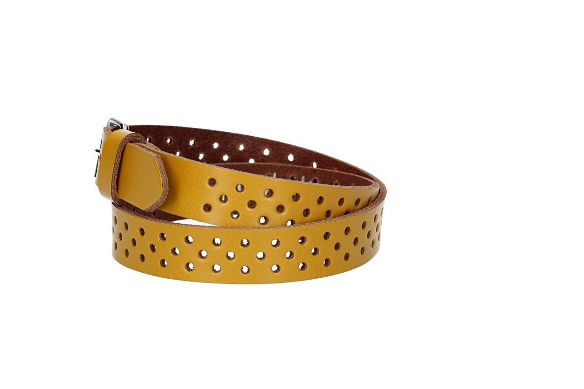 Ledergürtel Mini 20mm in Gelb mit durchgehender Lochung und dunkler Rollschließe - leder-accessoires.com