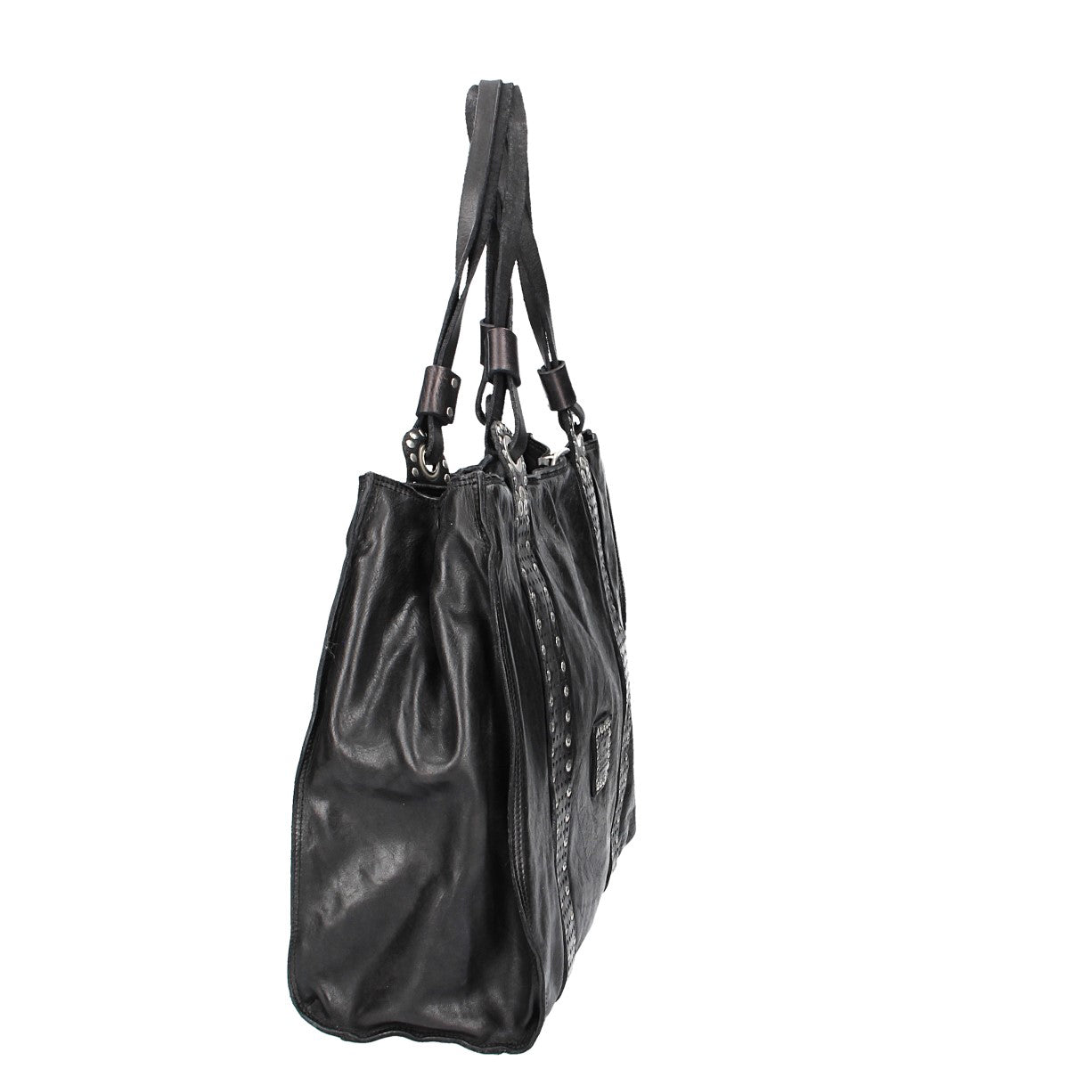 Ledershopper in Schwarz mit Reißverschluss und Ziernieten - leder-accessoires.com