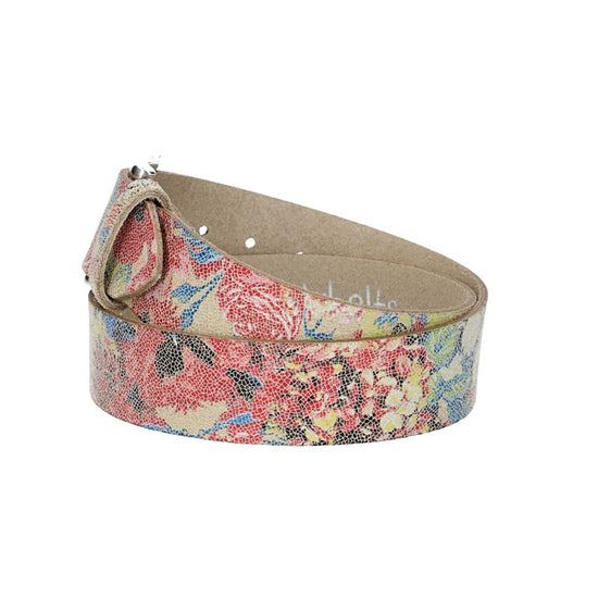 Ledergürtel Kids 30mm in Beige mit floralem Muster und Schließe Silber - leder-accessoires.com